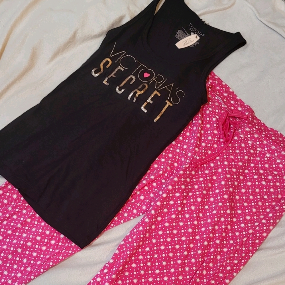 Victoria's Secret Tank Pajama Set Pink Black White Gold Sparkle